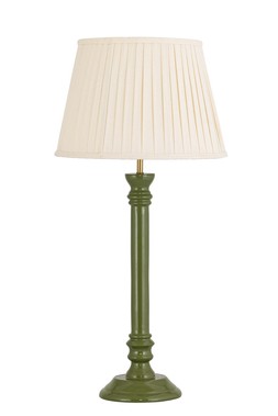 Green enamel table lamp with neutral pleated shade