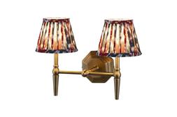 Double brass wall light with red and blue pleated shade
