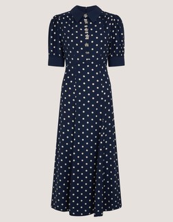 Kate Puff Sleeve Polka Dot Midi Dress Blue
