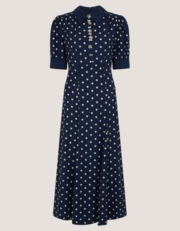 Kate Puff Sleeve Polka Dot Midi Dress Blue