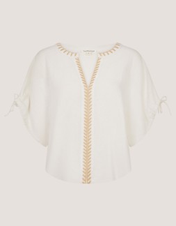 Adela Embroidered Linen Blend Top Ivory