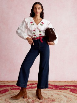 Talia Tulip Embroidered Scallop Collar Top White