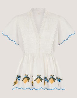 Luna Lemon Embroidered Jersey Top Ivory