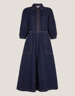 Erin Zip Denim Midi Dress Blue