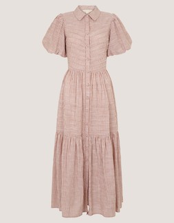 Winnie Puff Sleeve Stripe Midi Dress Brown