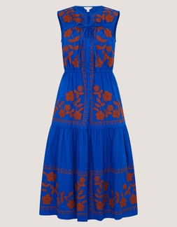 Madison Sleeveless Embroidered Midi Dress Blue