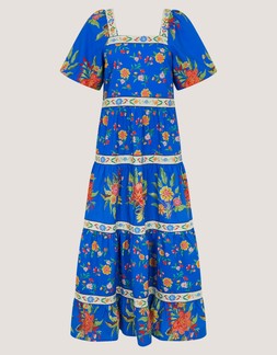 Mona Puff Sleeve Floral Midi Dress Blue