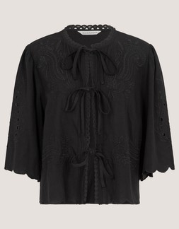 Cindy Embroidered Tie Front Top Black