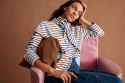 Stripe Cardigan & Triangle Scarf Blue