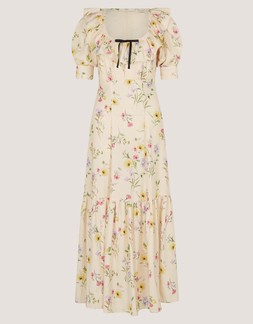 Sienna Frill Neck Floral Print Midi Dress Ivory