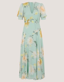 Carris Puff Sleeve Floral Midi Dress Green