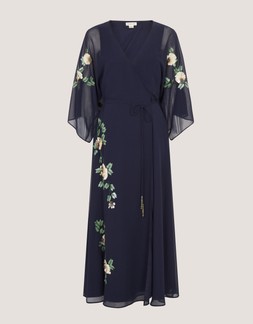 Clara Floral Embellished Midi Wrap Dress Blue