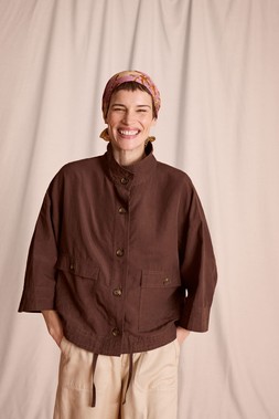 Marie Funnel Neck Linen Blend Jacket Brown