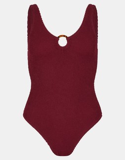 Ring Detail Crinkle Textured Swimsuit Red