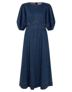 Puff Sleeve Denim Midi Dress Blue