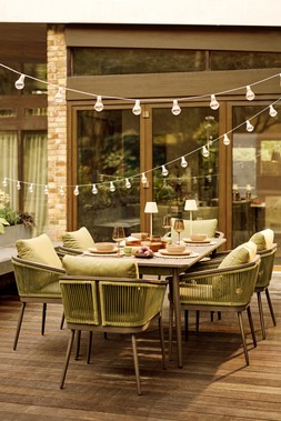 The Very Collection Dining Table & Chairs €1949, Glasses (Set of 4) €39.99, Placemats €19.99, Tray €29.99, Candle Holders (Set of 3) €22.99, Dinner Set €60.99, Table Lamp €32.99 at Very.ie