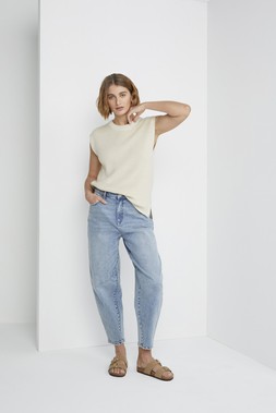 Neutral Metallic Tank &pound;18, Light Denim Barrel Jeans &pound;22 , Taupe Sandals &pound;15