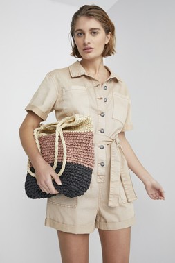 Stone Short Belted Boilersuit &pound;28 & Colourblock Straw Shopper Bag &pound;12
