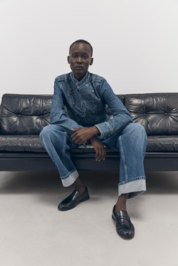 Tu-AW26-Model-19 - Mid Denim Military Jacket £30 Mid Denim Turn-Up Barrel Jeans £22.50 Black PU Penny Loafer £20