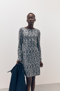Tu-AW26-Model-64 - Silver Sequin Mini Dress, £38  Navy Belted Military Coat, £55 