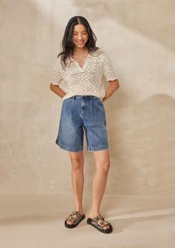 Cream Pointelle Collar Tee &pound;20, Mid Denim Pleated Bermuda Shorts &pound;16 & Zebra Double Strap Sandals &pound;16