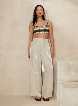 Tie Dye Bandeau Bikini Top &pound;10, Wide Leg Iridescent Trousers &pound;18 & Cream Sandals &pound;15