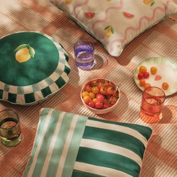 M&S SET OF 2 FRUIT CUSHIONS £25 / M&S SET OF 2 FRUIT OUTDOOR CUSHIONS £29.50 / M&S SET OF 2 REVERSIBLE CUSHIONS £25 / M&S SET OF 4 ACRYLIC TUMBLERS £8 / M&S SET OF 4 SUMMER SIDE PLATES £10 / M&S SET OF 4 SUMMER BOWLS £10 / M&S SET OF 4 ACRYLIC WINE GLASSES £8 / M&S OUTDOOR RUG FROM £99