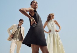 M&S SUIT JACKET £129, SUIT TROUSERS £70, SHIRT £40, T-SHIRT £20, SUNGLASSES £18, BOW DRESS £39.50, GOLD EARRINGS £12.50, BANGLE £18, HALTER DRESS £49.50